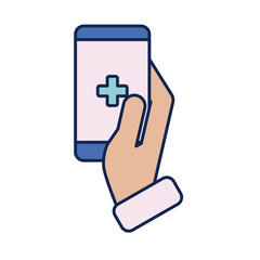 hand holding smartphone online medical support, line and fill style icon