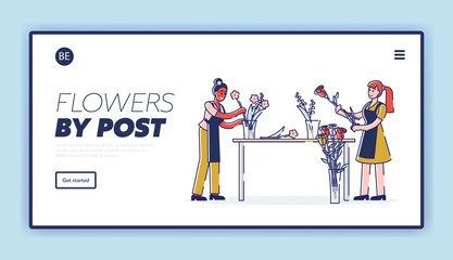 Floral Shop Concept. Website Landing Page. Girls Creating Design Compositions Of Flowers for Customers. Women Create Flower Arrangement. Web Page Cartoon Linear Outline Flat Style Vector Illustration