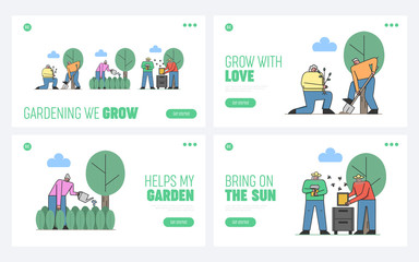 Concept Of Retired Human Leisure And Hobby. Website Landing Page. People Enjoy Their Hobby. Men And Women Gardening And Beekeeping. Web Page Cartoon Linear Outline Flat Style Vector Illustrations Set