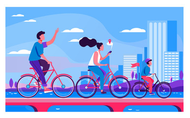 Happy young family riding on bikes at park flat vector illustration. Cycling along road near the water with city on background. Summer activity and healthy lifestyle concept.