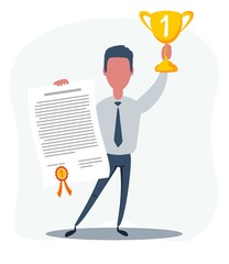 Fototapeta na wymiar Vector illustration of businessman proudly standing and holding up winning trophy and showing an award certificate. Flat style
