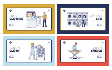 Fototapeta na wymiar People Giving To Dry Cleaner, Washing And Ironing Their Clothes And Things In Laundry. Website Landing Page. Modern Laundry Interior. Web Page Cartoon Linear Outline Flat Vector Illustrations Set