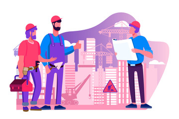 Engineers team discussing issues at construction site flat vector illustration. Foreman looking at construction project plan. Building and engineering concept. Machinery and crane on background