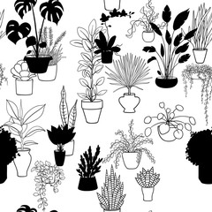 Black and white seamless pattern with house plants