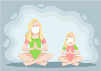 Mother and daughter. Quarantine yoga classes helps entertain children, set an example of how important it is to stay at home during the spread of the COVID-19 viral infection.