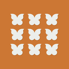 Butterflies arranged in a grid on brown background. Customizable vector illustration.