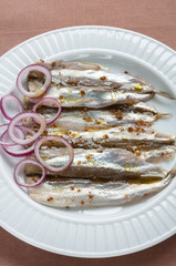 Pickled or Spicy Marinated Smelt Fish with Fresh Onion