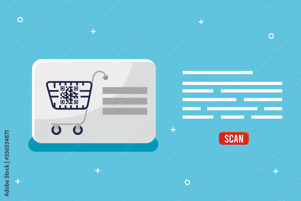 Poster bar code inside shopping cart design of technology scan information business price communication bar