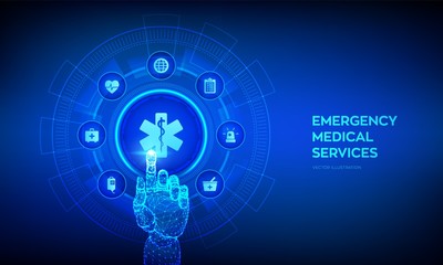 Emergency medical services concept on virtual screen. Emergency call. Online medical support. Medicine and healthcare application. Robotic hand touching digital interface. Vector illustration.