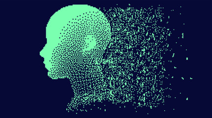 Cyberpunk futuristic collage with glitch art artifacts and wireframe of a human head. Retrofuturistic 8-bit style aesthetics.