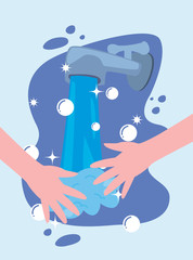Hands washing under water tap vector design