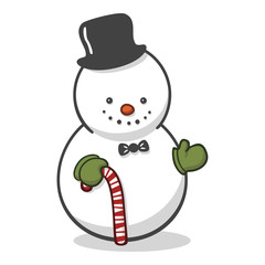 Vector drawing of a smiling snowman with a gentleman hat, a carrot nose, a bow tie, green mittens and a candy cane. Drawn in a cute style with flat colors and isolated on white with a shadow.