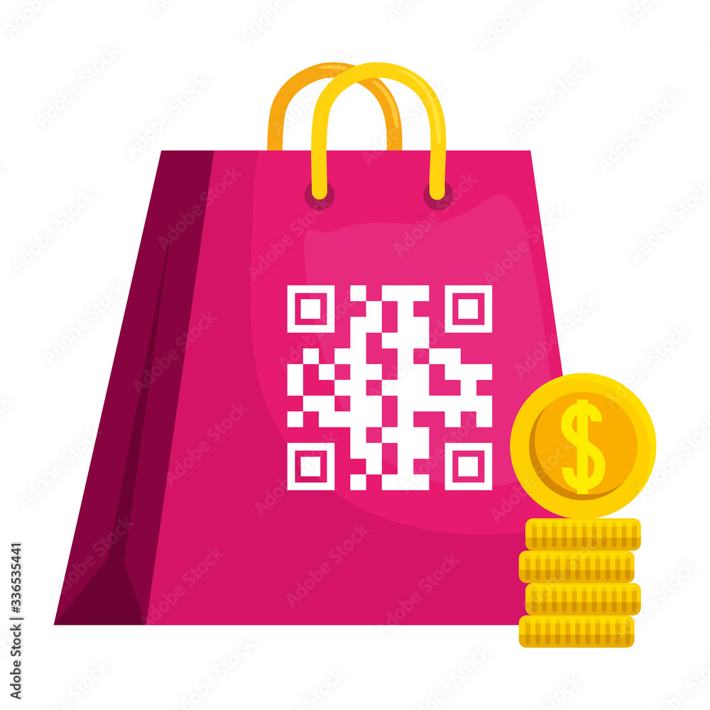Poster qr code over bag and coins design of technology scan information business price communication barcod