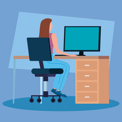 woman working in telecommuting with desk and computer vector illustration design