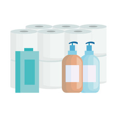 set toilet paper with bottles product cleaning vector illustration design
