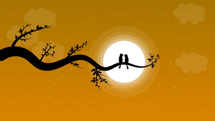 silhouette landscape of a pair of birds staring at the moon like a romantic scene.