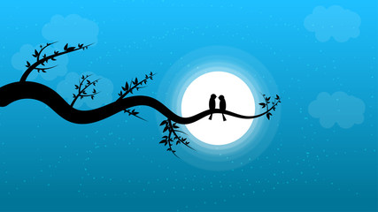 silhouette landscape of a pair of birds staring at the moon like a romantic scene.