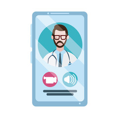 online doctor, physician smartphone video call consultant medical protection covid 19, flat style icon