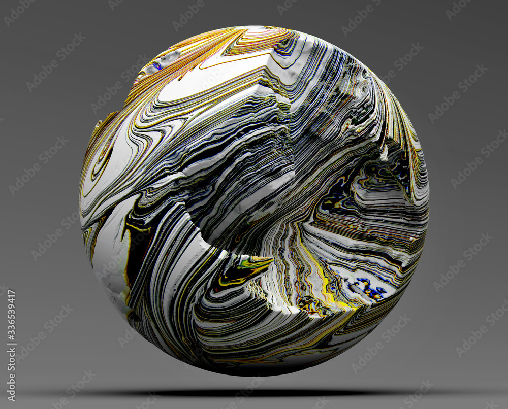 Wall mural 3d render of abstract art 3d stone ball or planet earth with big damage with lines pattern on rough 