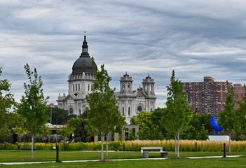 View of Cathedral Towers from Art Park in Downtown St. Paul Minnesota