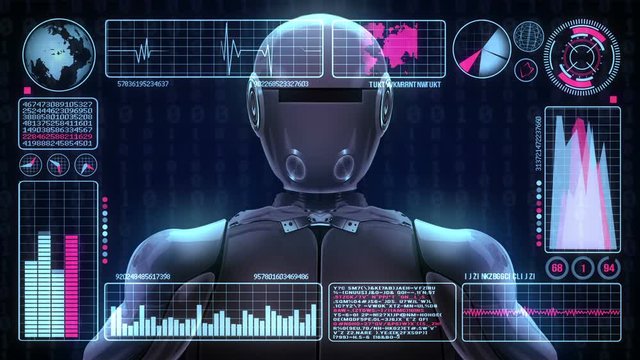 Robot Includes a Futuristic User Interface With the Word Antivirus. 3d Animation Rendering
