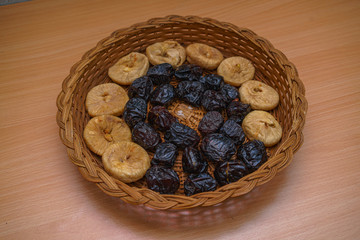 Ramadan food and drinks concept. Dates fruit in a bowl on wooden table background.