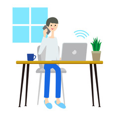 リモートワークで電話している男性のイラスト