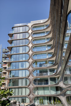 NEW YORK, USA - OCTOBER 01, 2018: Zaha Hadid Building view from the The High Line a elevated linear park in west side of Manhattan at 520 West 28th Street.