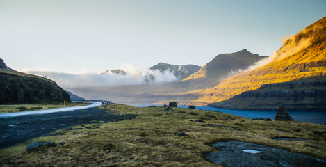 Fototapeta na wymiar Landscape scene of Faroe Islands while sunset