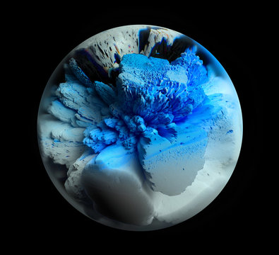 3d render of abstract art of surreal 3d ball in glass inside broken damaged planet or asteroid in spherical shape in white concrete material with blue rough parts on black background