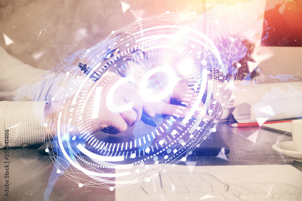 Poster double exposure of man's hands holding and using a phone and crypto currency blockchain theme drawin