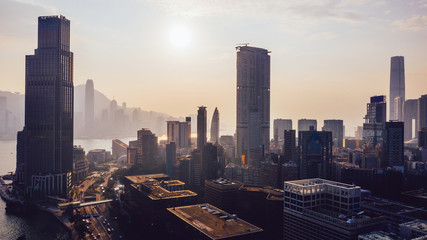 Aerial scenery panoramic view of Hong Kong modern skyscrapers district. Urban drone view with silhouettes of corporate business and financial enterprise buildings. Metropolitan city infrastructure