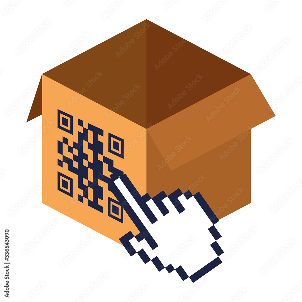 Poster qr code over box and cursor hand design of technology scan information business price communication 