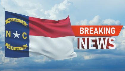 Breaking news. World news with background waving flag of the states of USA. State of North Carolina flag. Pandemic 3D illustration.