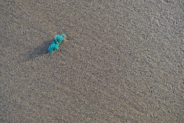 A small piece of plastic on a beach. Shoreside pollution concept.