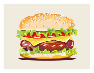 Chessburger with tomato and lettuce. Vector illustration