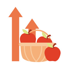 filled shopping basket with apple up arrows, rising food prices, flat style icon