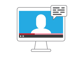 Computer screen with teacher talking, online education class. Video player class streaming illustration. Learn from home concept, broadcasting presentation.