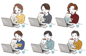 邪魔する子供を抱えながらテレワーク