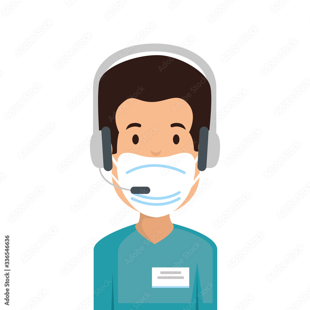 Poster man agent call center with face mask vector illustration design