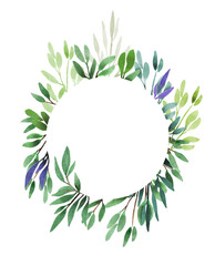 Hand drawn watercolor floral frame isolated on white background. Blue, green Laurel wreaths, branches, olive, eucalyptus. Spring illustration with copy space for text to print