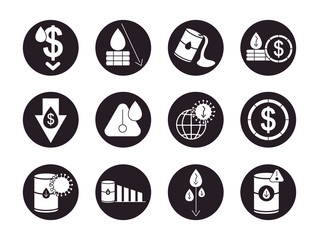 arrows and oil crash icon set, silhouette style