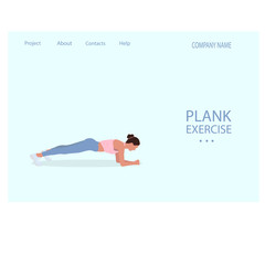 Vector concept illustration with young girl doing plank exercise. Bright template for web site or landing page for gym or sport courses.