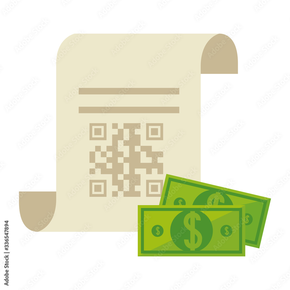 Poster qr code over receipt paper and bills design of technology scan information business price communicat