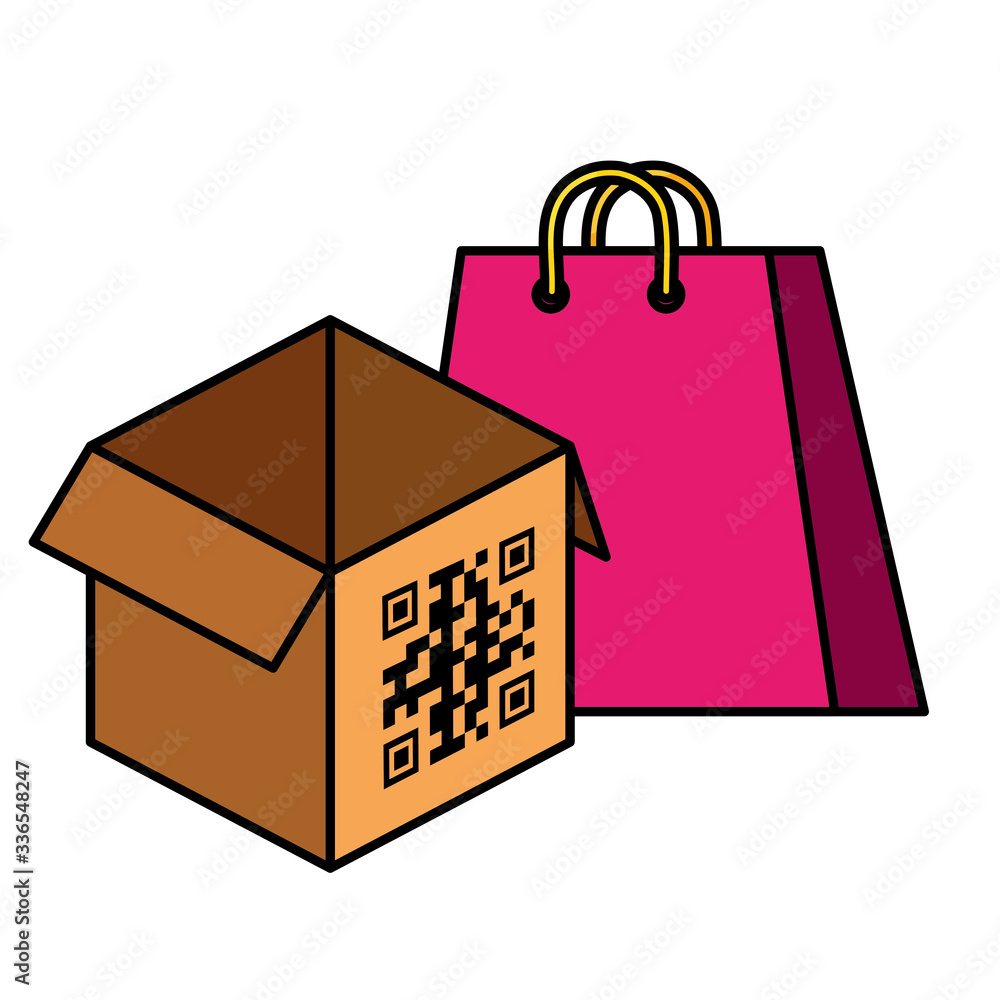 Poster qr code over box and bag design of technology scan information business price communication barcode 