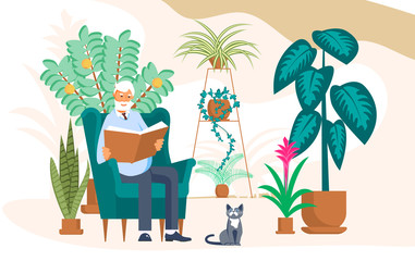 Elderly man sits in chair and reads a book