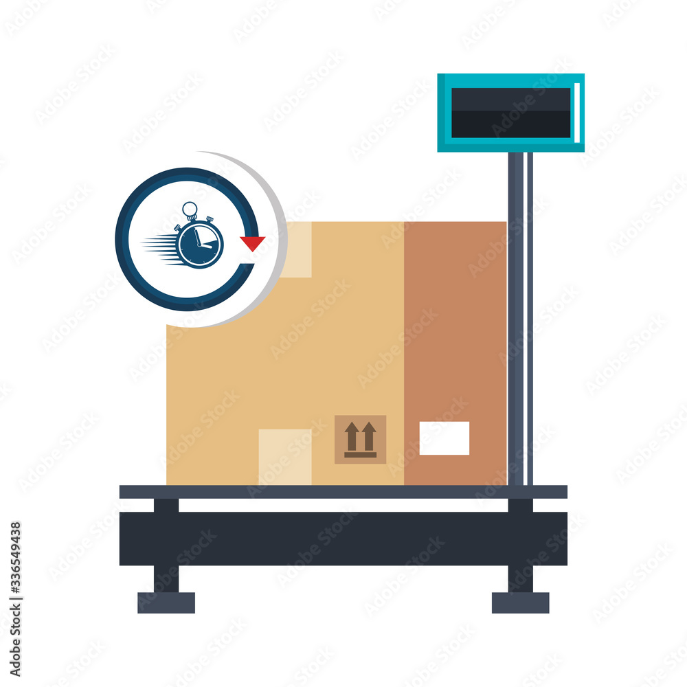 Poster box package in weighing machine with chronometer vector illustration design