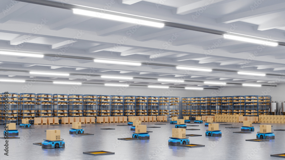 Poster an army of robots efficiently sorting hundreds of parcels per hour(automated guided vehicle) agv.