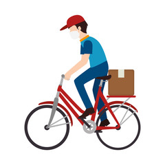 man delivery male worker using face mask in bike with box carton vector illustration design