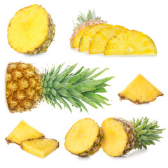 Set of fresh ripe pineapples on white background
